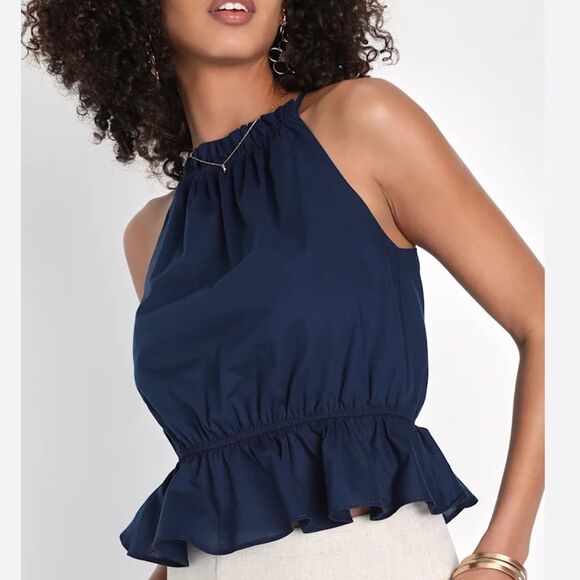 NEW Lulus Navy Blue Tie Back Peplum Tank Top Women’s Small - Picture 1 of 5